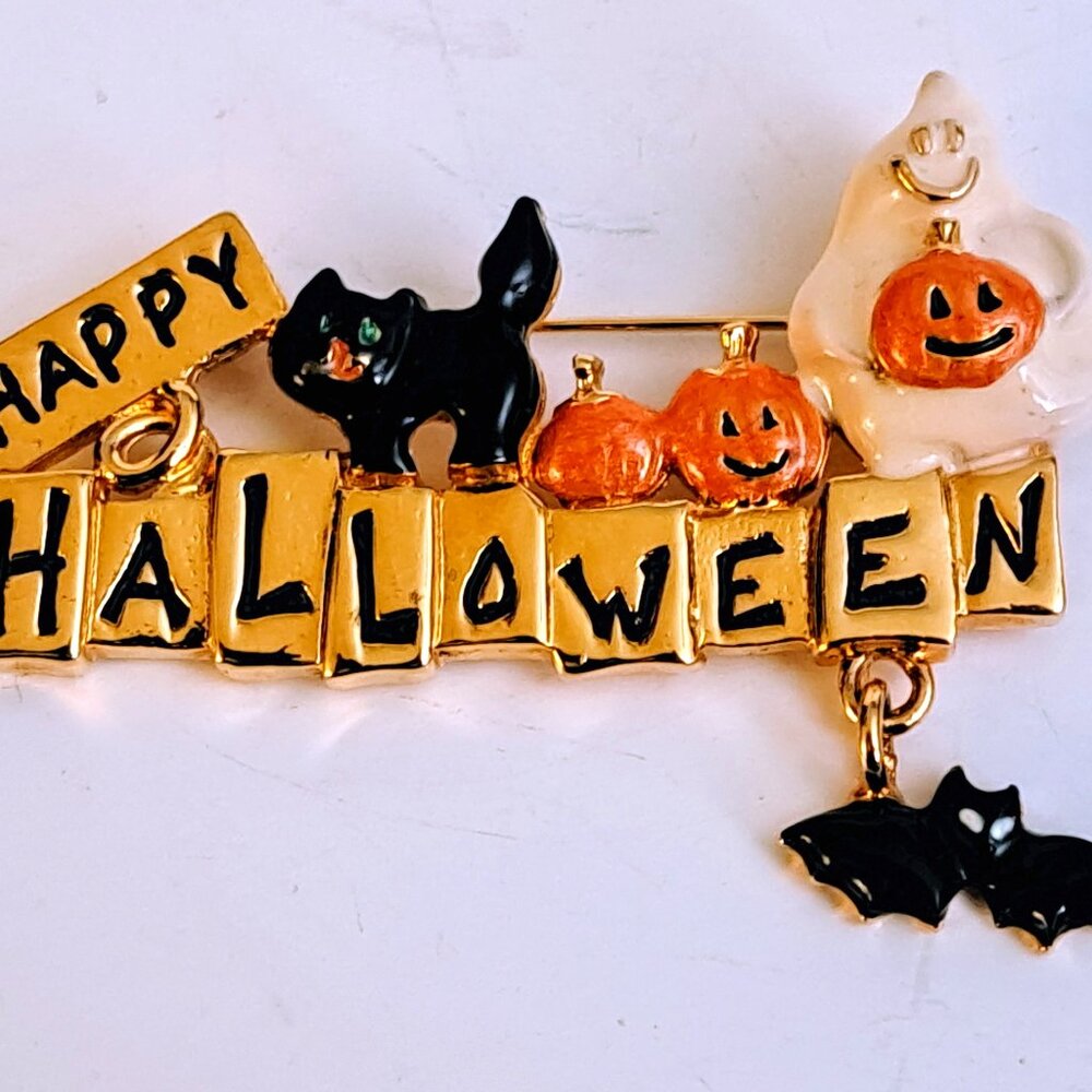 Vintage Halloween Brooch - Black Cat, Ghost, Pumpkins, Flying Bat 2.5" x 1.75"
